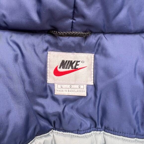 Vintage Nike Swoosh Split Hooded Long Puffer Jacket Parka Coat Green Navy L 90s - Picture 3 of 15